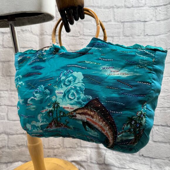 VTG Marlin Tropical Hawaiian Beaded Tote Handbag Purse Swordfish Bamboo Handles - Picture 2 of 16
